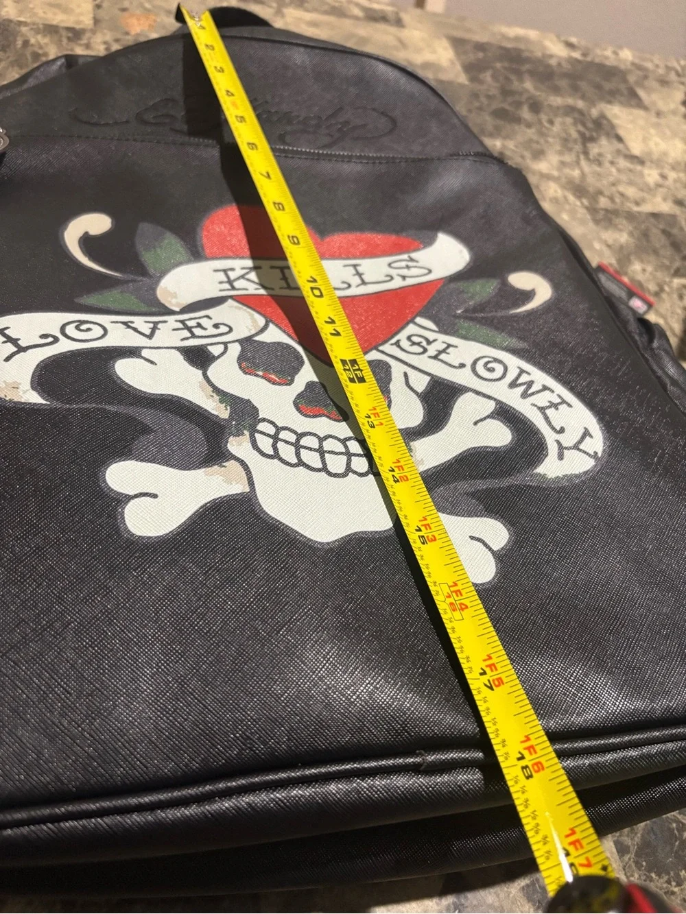 Ed Hardy Unisex Black Backpack with Red Heart and White Skull Graphic